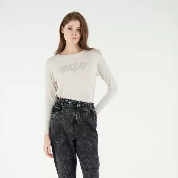 Freddy Long-sleeve t-shirt in viscose jersey with a printed gold and rhinestone detail, Size: XL, 3 image