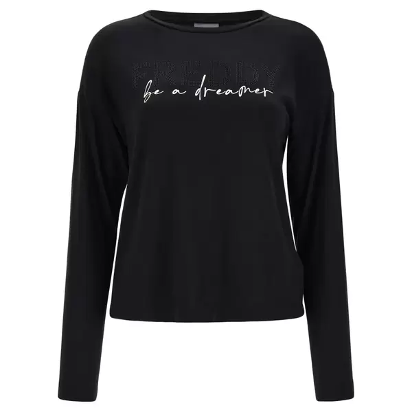 Freddy Long-sleeve t-shirt in viscose jersey with a printed gold and rhinestone detail Γυναικείο Μακρυμανικο, Μέγεθος: L