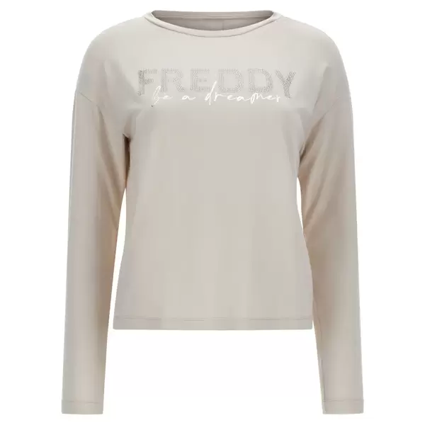 Freddy Long-sleeve t-shirt in viscose jersey with a printed gold and rhinestone detail, Size: XL