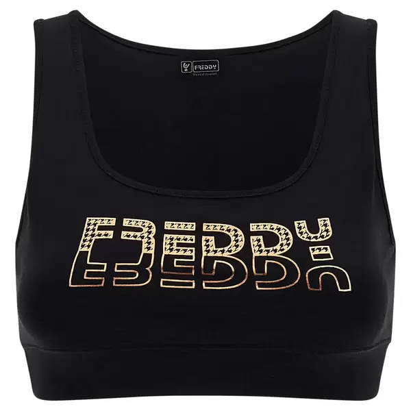 Medium support sports bra with a copper-hued Freddy print, Size: XS